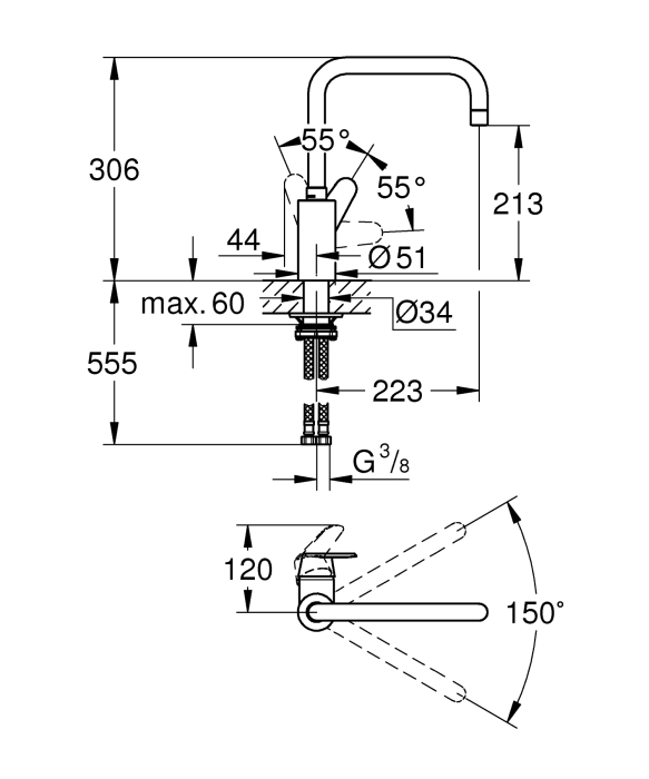 Baterie de bucatarie Grohe 32259003, 1 bar, 306 mm, 223 mm, 1 orificii instalare, 1 sprayuri, 150 unghi pivotare, Crom [3]