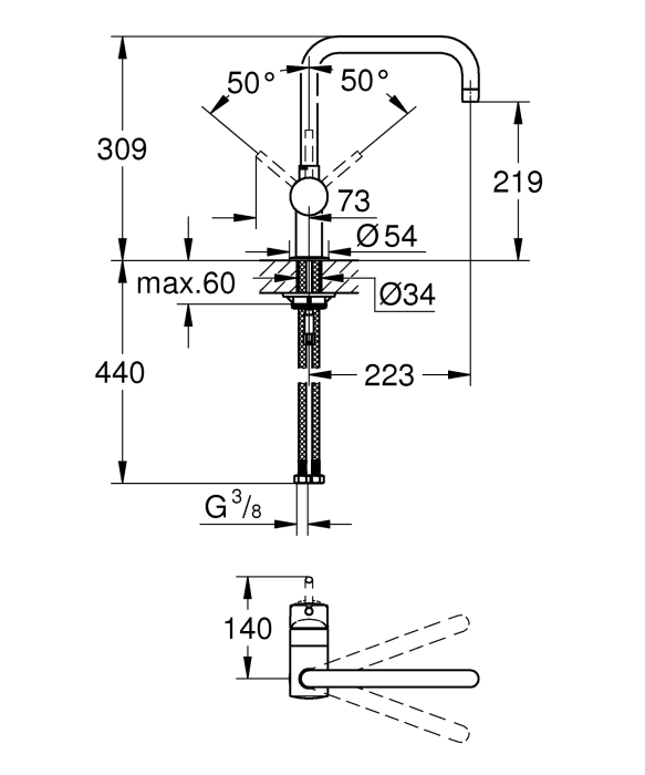 Baterie de bucatarie Grohe 32488AL0, Minta, 3/8'', inalta, tip U, pivotanta, mat, grafit [3]