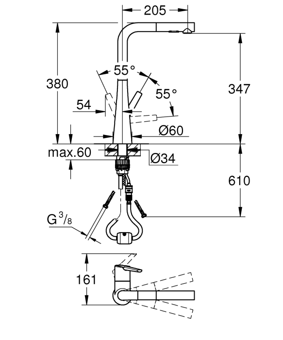 Baterie de bucatarie Grohe 32553002, 1 bar, 380 mm, 205 mm, 1 orificii instalare, 2 sprayuri, 360 unghi pivotare, Crom [9]