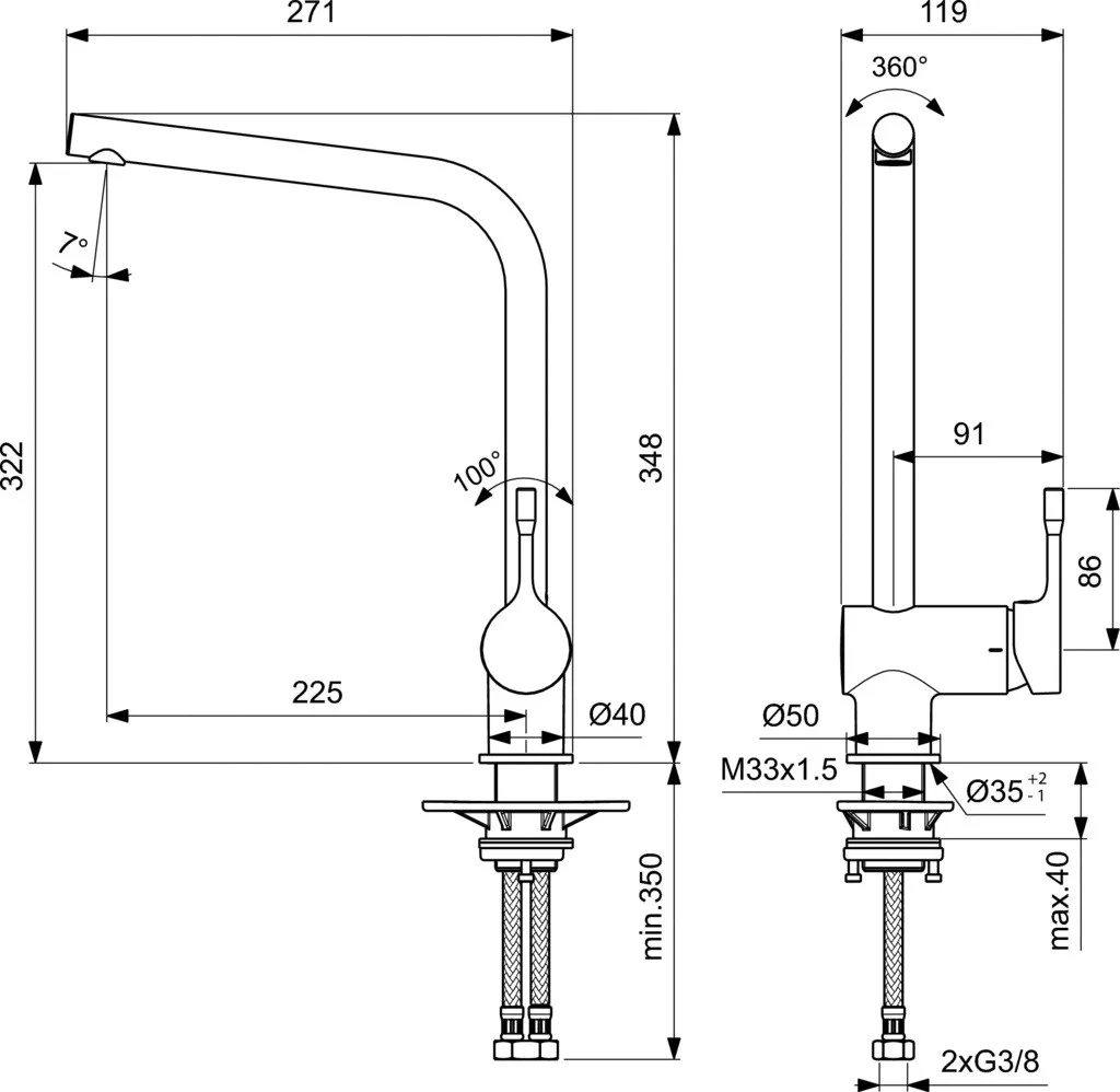 Baterie de bucatarie Ideal Standard Ceralook BC174AA, 3/8'', monocomanda, pipa inalta, tip L, pivotanta, crom [2]