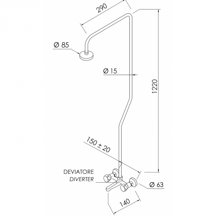 Baterie de cada cu coloana dus Remer Rubinetterie 1000-2000 08Y, comutator, para tip ploaie, 1/2 x 3/4, aerator, crom lucios, alama [4]