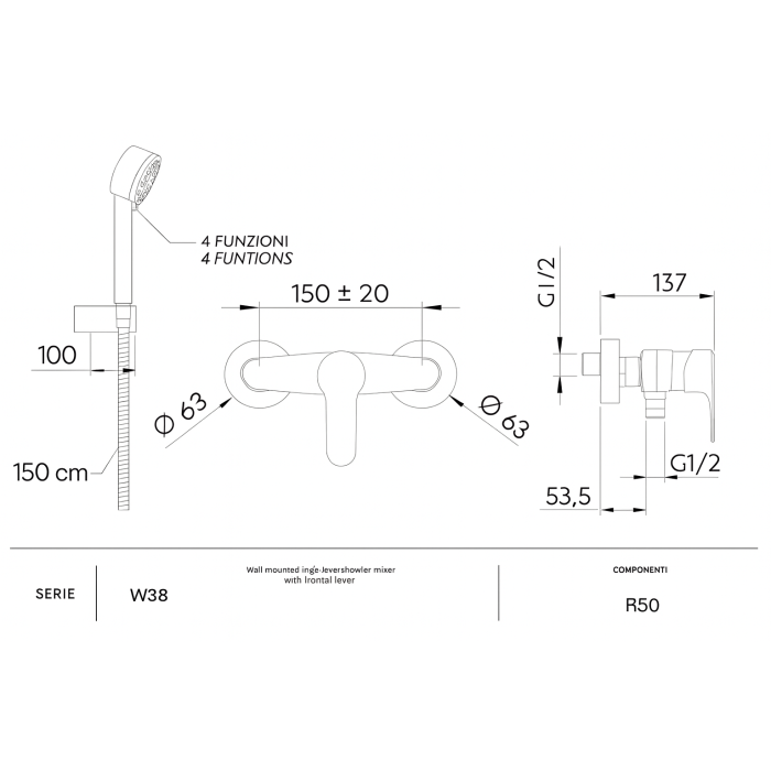 Baterie de cada cu dus Remer Rubinetterie Winner W38, aparenta, monocomanda, para de dus cu 4 functii, suport reglabil, anti-calcar [2]