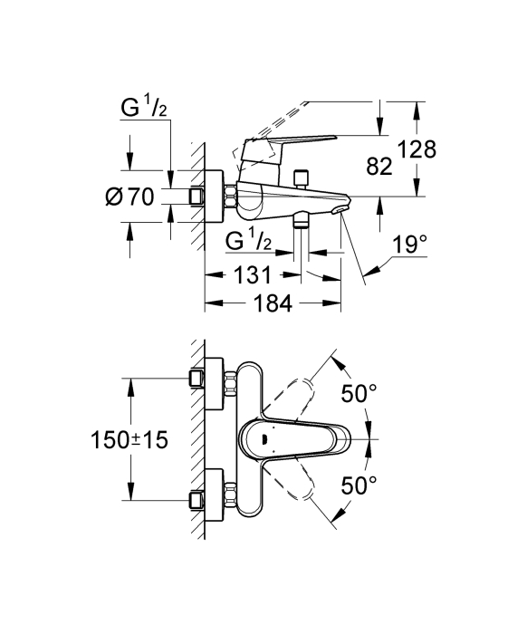 Baterie de cada Grohe 33390002, 1 bar, 194 mm, 224 mm, 2 orificii instalare, 1/2 dimensiune racord, Crom [4]