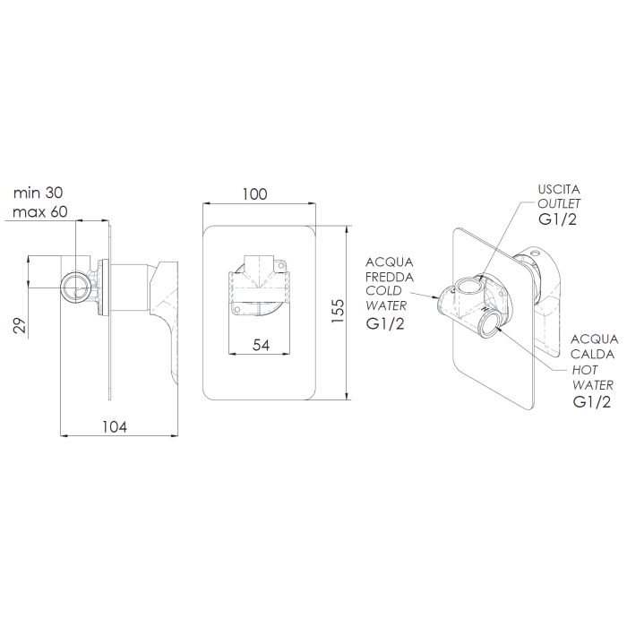Baterie de cada si dus Remer Rubinetterie Infinity I30, incastrata, monocomanda, comutator cada/dus, cartus ceramic, design modern, crom, alama cromata [4]