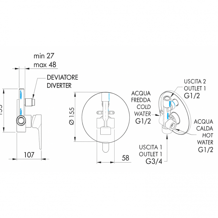 Baterie de cada si dus Remer Rubinetterie Winner W09, incastrata, comutator, monocomanda, 2 iesiri, crom lucios, alama [2]
