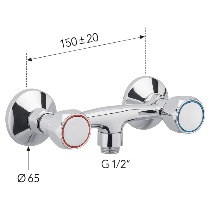 Baterie de dus Remer Rubinetterie 1000-2000 38Y, montaj pe perete, dublu comanda, conecxiune dus, alama cromata [4]