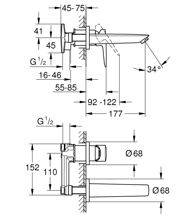 Baterie de lavoar Grohe 20289001, 1 bar, 35 mm, 60 mm, 177 mm, 2 orificii instalare, 1/2 dimensiune racord, Crom [7]