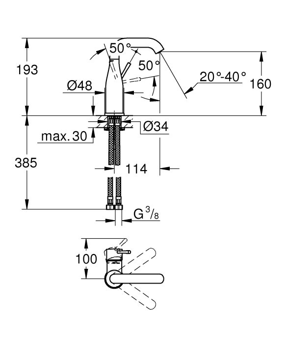 Baterie de lavoar Grohe 23463001, 28 mm, 1 bar, 35 mm, 193 mm, 114 mm, 385 mm, 1 orificii instalare, Crom [3]