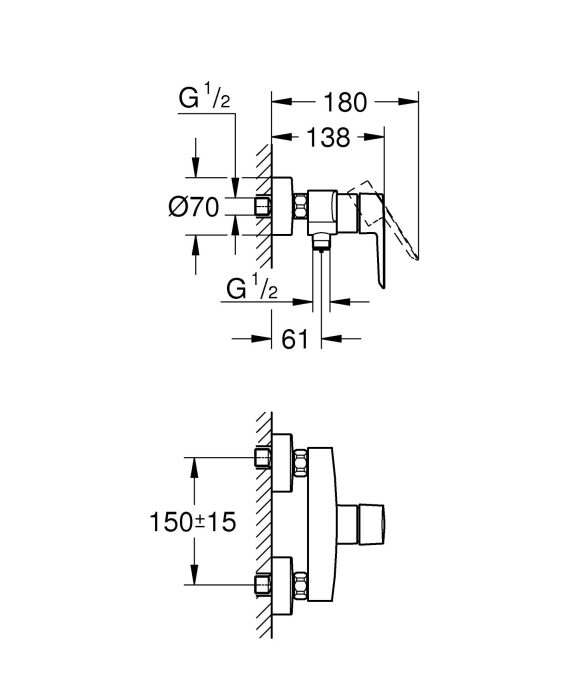 Baterie dus Grohe 242082432, 0.8 bar, 223 mm, 138 mm, 2 orificii instalare, 1/2 dimensiune racord furtun, Negru [5]