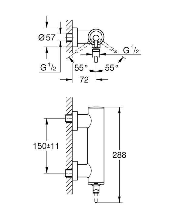 Baterie dus Grohe 32650003, 1 bar, 228 mm, 102 mm, 2 orificii instalare, 1/2 dimensiune racord furtun, Crom [3]
