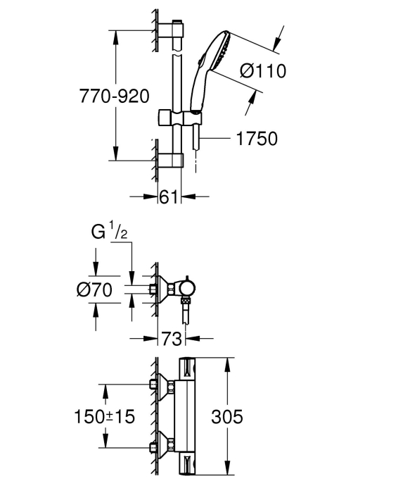 Baterie dus Grohe 34566002, 0.8 bar, 73 mm, 305 mm, 110 mm, 1.5 m, 900 mm, 2 orificii instalare, Crom [2]