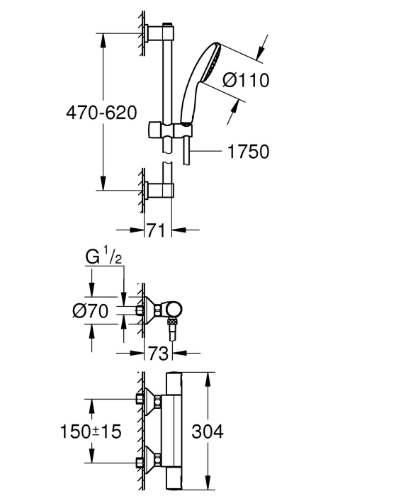 Baterie dus Grohe 34597001, 0.8 bar, 73 mm, 305 mm, 110 mm, 1.5 m, 600 mm, 2 orificii instalare, Crom [2]