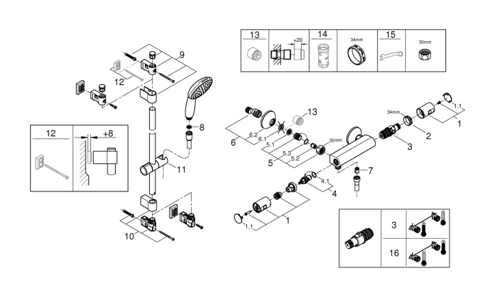 Baterie dus Grohe 34597001, 0.8 bar, 73 mm, 305 mm, 110 mm, 1.5 m, 600 mm, 2 orificii instalare, Crom [3]