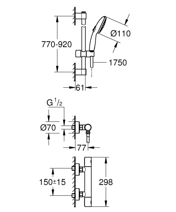 Baterie dus Grohe 34769001, 0.7 bar, 77 mm, 298 mm, 110 mm, 1.6 m, 900 mm, 2 orificii instalare, Crom [2]