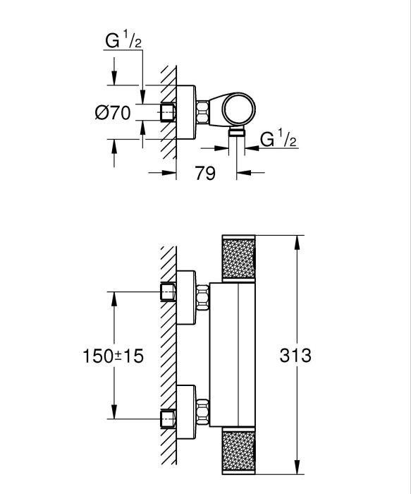 Baterie dus Grohe 347902430, 1 bar, 91 mm, 313 mm, 2 orificii instalare, 1/2 dimensiune racord furtun, Negru [7]