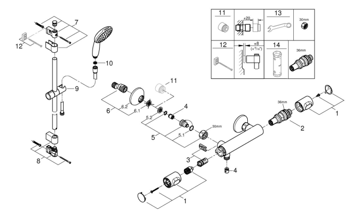 Baterie dus Grohe 34797001, 0.8 bar, 81 mm, 305 mm, 110 mm, 1.5 m, 600 mm, 2 orificii instalare, Crom [6]