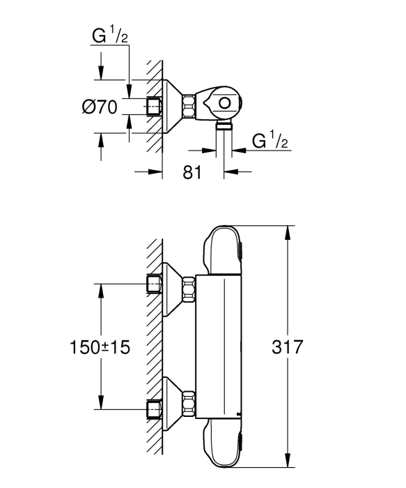 Baterie dus Grohe 348142433, 0.8 bar, 100 mm, 317 mm, 2 orificii instalare, 1/2 dimensiune racord furtun, Negru [5]