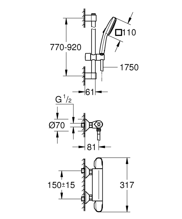 Baterie dus Grohe 34824005, 0.8 bar, 80 mm, 317 mm, 110 mm, 1.75 m, 900 mm, 2 orificii instalare, Crom [3]