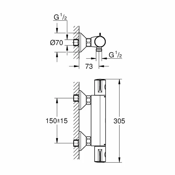 Baterie dus Grohe 34558000, 1 bar, 305 mm, 93 mm, 2 orificii instalare, 1/2 dimensiune racord furtun, Crom [2]