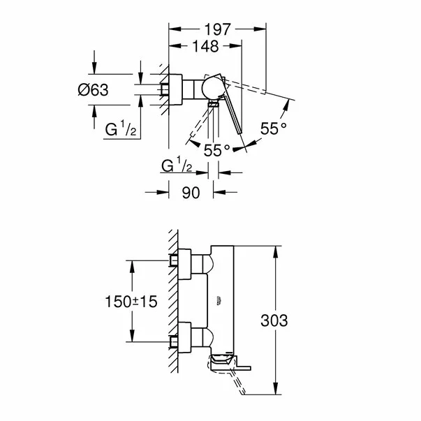 Baterie dus Grohe 33577003, 1 bar, 303 mm, 90 mm, 2 orificii instalare, 1/2 dimensiune racord furtun, Crom [3]