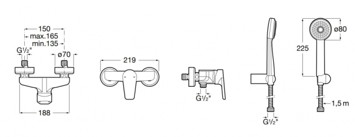 Baterie dus Roca A5A2A1BC0K, 0.6 bar, 80 mm, 1.7 m, 133 mm, 219 mm, 2 orificii instalare, 1 functii para dus, Crom [2]