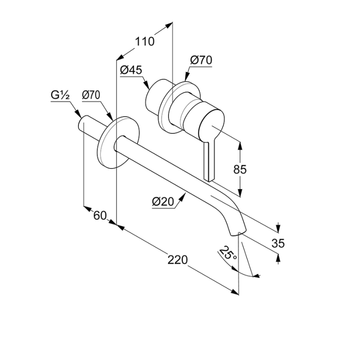 Baterie lavoar cu montaj pe perete, Kludi, Nova Fonte, pipa 22 cm, crom [2]
