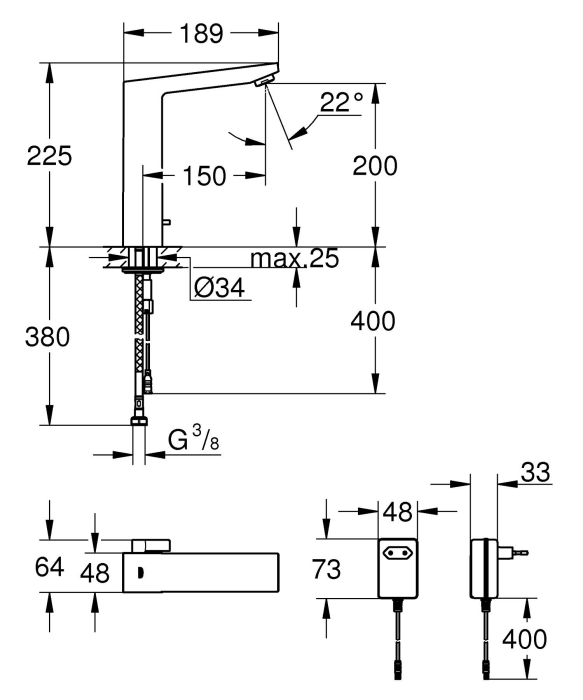 Baterie lavoar cu senzor Grohe 36440000, 1 bar, 225 mm, 189 mm, 380 mm, 7 programe, 1 orificii instalare, Crom [8]