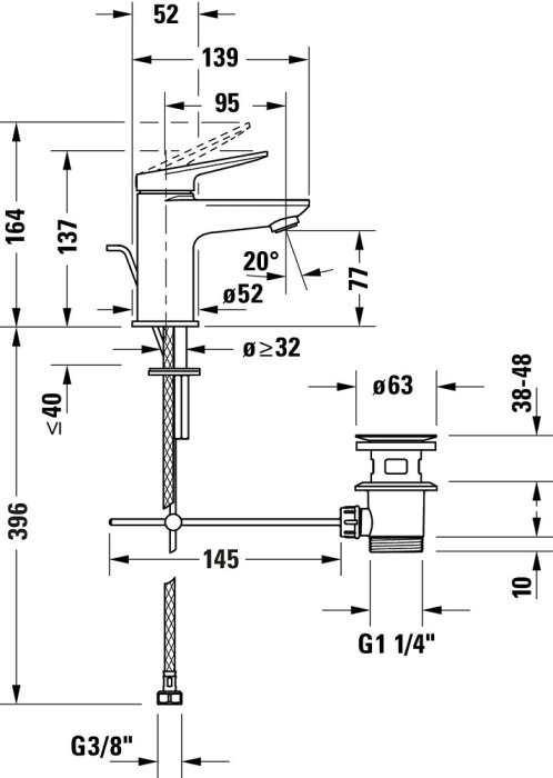 Baterie lavoar Duravit WA1010001046, 35 mm, 5 l/min, 0.8 bar, 137 mm, 95 mm, 396 mm, 1 orificii instalare, Negru [4]