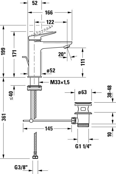 Baterie lavoar Duravit WA1020001070, 5 l/min, 0.5 bar, 35 mm, 171 mm, 166 mm, 361 mm, 1 orificii instalare, Otel satinat [5]