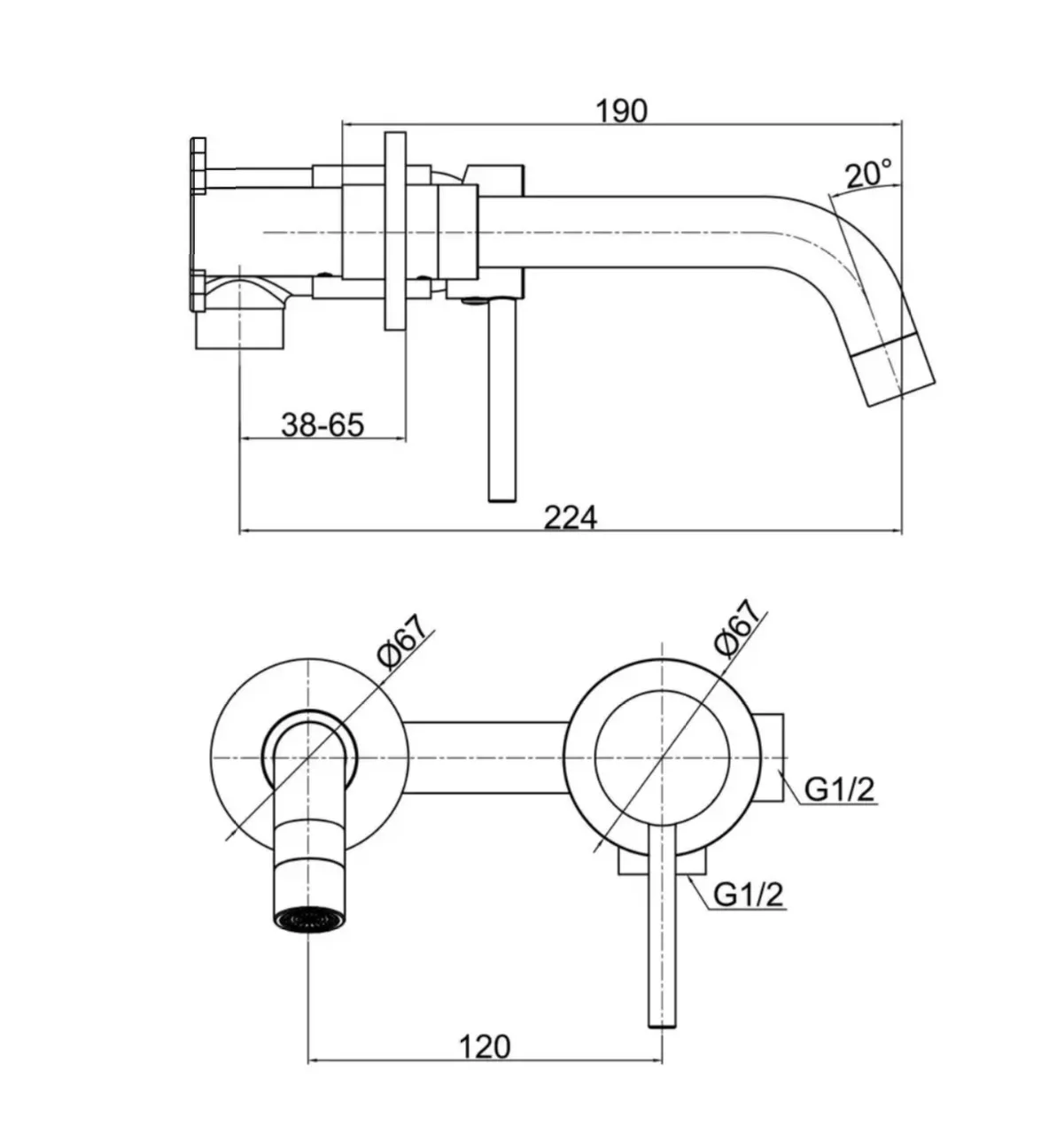 Baterie lavoar FDesign Flusso, 1/2'',pe perete, L, 223 mm, valva inclusa, lucios, auriu, FD1-FLS-3PA-55 [3]