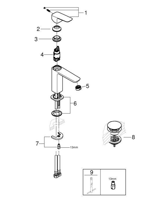Baterie lavoar Grohe 1017522430, 28 mm, 5 l/min, 0.6 bar, 35 mm, 169 mm, 116 mm, 380 mm, 1 orificii instalare, Negru [5]
