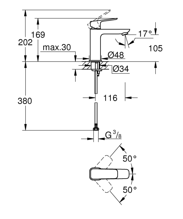 Baterie lavoar Grohe 1017552430, 28 mm, 5 l/min, 0.8 bar, 35 mm, 169 mm, 116 mm, 380 mm, 1 orificii instalare, Negru [4]