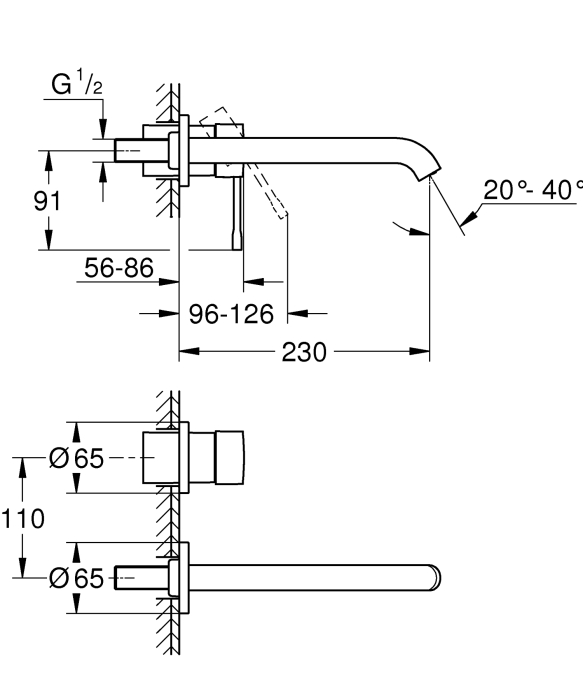 Baterie lavoar Grohe 19967DC1, Essence, 1/2'', L, 230 mm, pe perete, necesita valva, mat, otel satinat [2]
