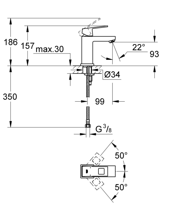 Baterie lavoar Grohe 2313200E, Eurocube, 3/8'', marimea S, crom [2]