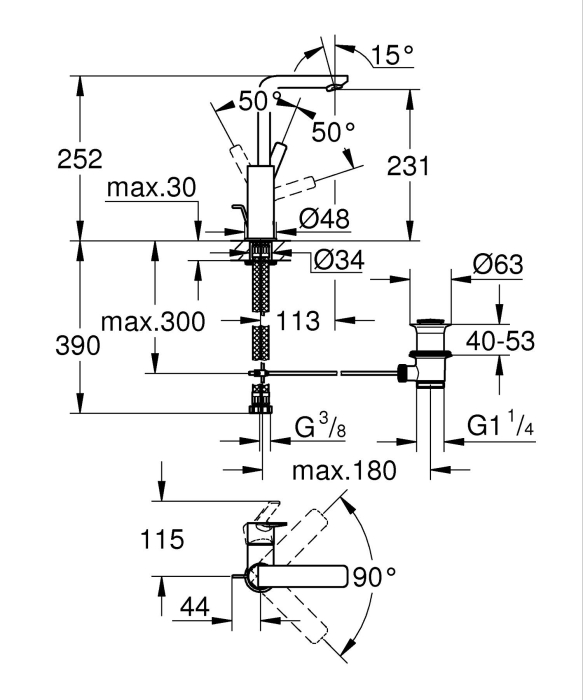 Baterie lavoar Grohe 23296DL1, Lineare, L, 252 mm, ventil, mat, cupru [9]