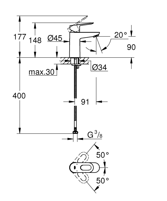 Baterie lavoar Grohe 23337000, 28 mm, 1 bar, 35 mm, 148 mm, 91 mm, 400 mm, 1 orificii instalare, Crom [2]