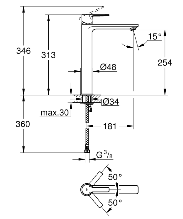 Baterie lavoar Grohe 23405AL1, Lineare, 3/8'', XL, 313 mm, mat, grafit [3]