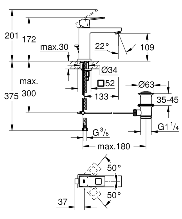 Baterie lavoar Grohe 23445AL0, Eurocube, 3/8'', marimea M, ventil cu tija, mat, grafit [4]