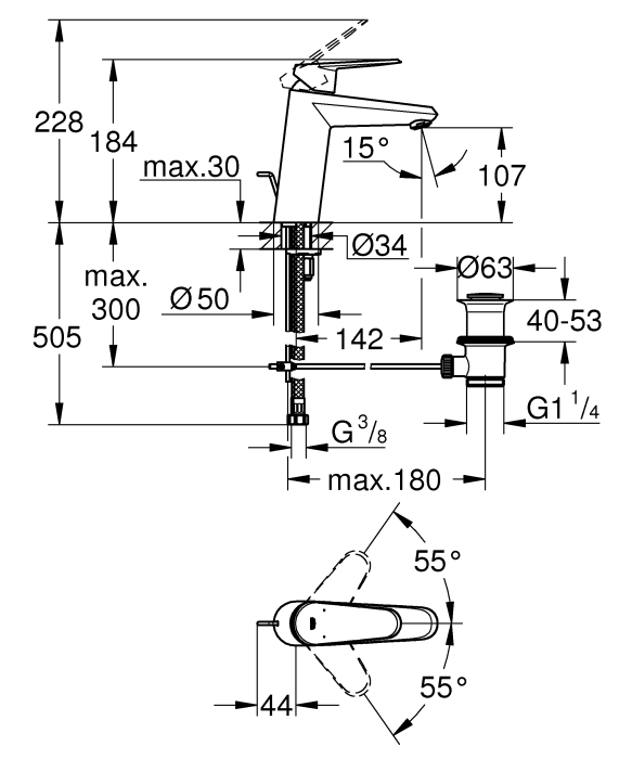 Baterie lavoar Grohe 23448002, 35 mm, 1 bar, 184 mm, 142 mm, 505 mm, 1 orificii instalare, 3/8 dimensiune racord, Crom [5]
