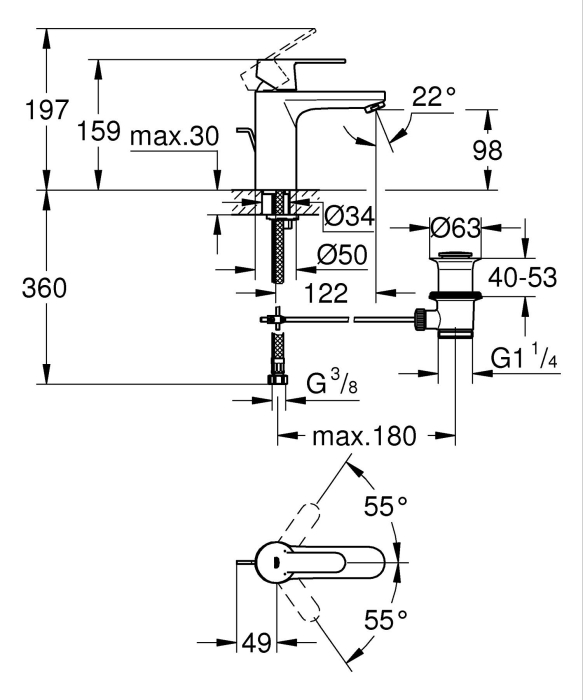 Baterie lavoar Grohe 234542430, 35 mm, 5 l/min, 0.7 bar, 34 mm, 159 mm, 122 mm, 360 mm, 1 orificii instalare, Negru [7]