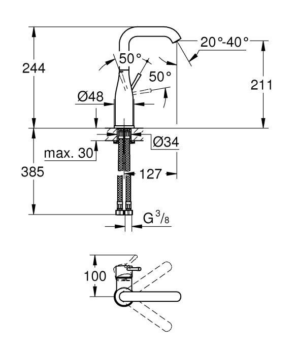Baterie lavoar Grohe 23541001, 28 mm, 1 bar, 35 mm, 244 mm, 127 mm, 385 mm, 1 orificii instalare, Crom [4]