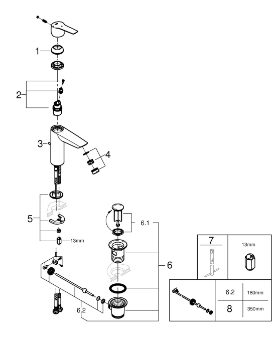 Baterie lavoar Grohe 235522432, 28 mm, 5.7 l/min, 0.6 bar, 35 mm, 192 mm, 121 mm, 365 mm, 1 orificii instalare, Negru [5]
