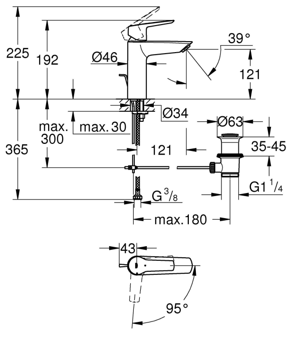 Baterie lavoar Grohe 235522432, 28 mm, 5.7 l/min, 0.6 bar, 35 mm, 192 mm, 121 mm, 365 mm, 1 orificii instalare, Negru [4]