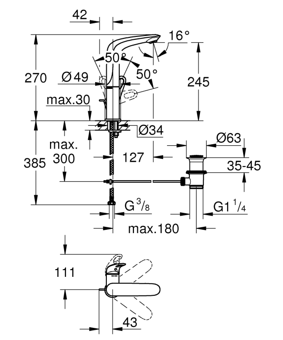 Baterie lavoar Grohe 23569003, Eurostyle, tip comanda monocomanda, tip instalare pe blat, marime l, crom [7]
