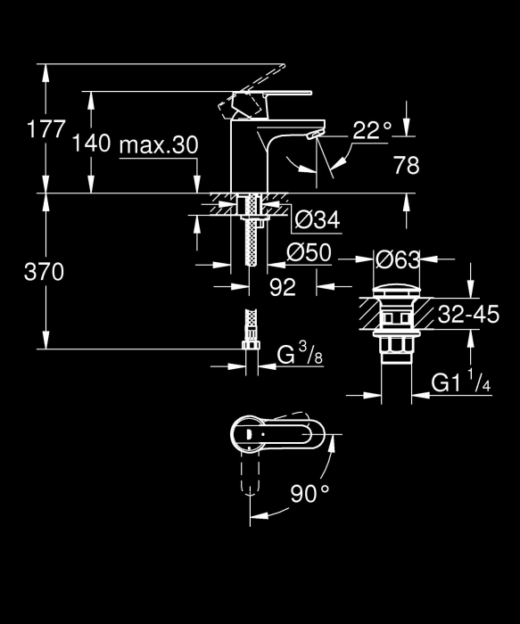 Baterie lavoar Grohe 235862430, 35 mm, 2.5 l/min, 0.7 bar, 34 mm, 140 mm, 92 mm, 370 mm, 1 orificii instalare, Negru [10]