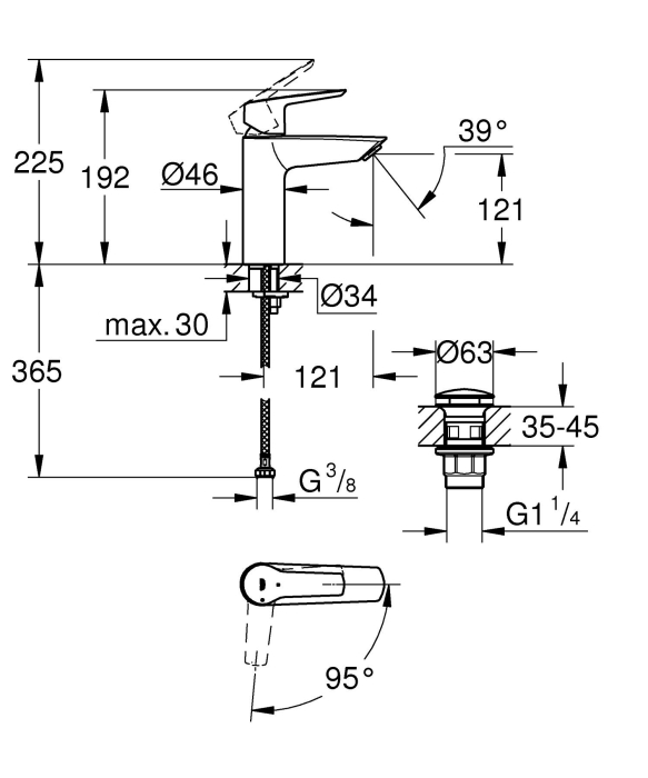 Baterie lavoar Grohe 237462432, 28 mm, 5.7 l/min, 0.8 bar, 35 mm, 192 mm, 121 mm, 370 mm, 1 orificii instalare, Negru [4]