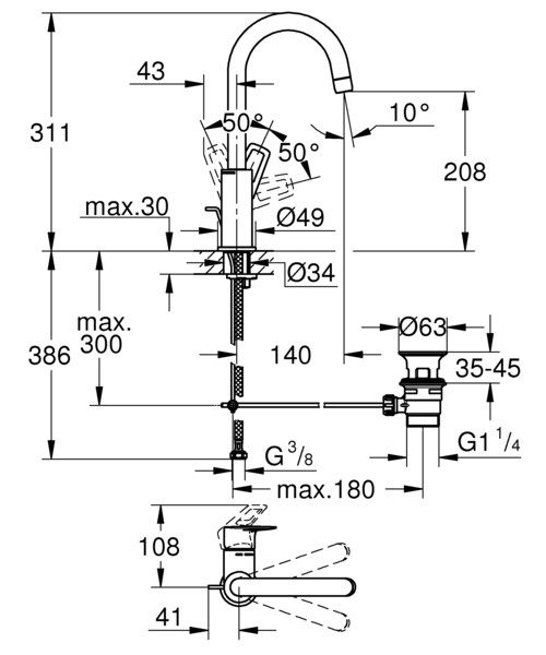 Baterie lavoar Grohe 23763001, 1 bar, 35 mm, 311 mm, 140 mm, 386 mm, 1 orificii instalare, 3/8 dimensiune racord, Crom [6]