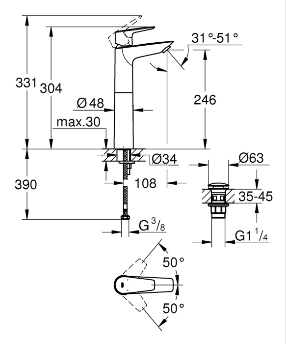 Baterie lavoar Grohe 237772431, 28 mm, 5 l/min, 0.7 bar, 34 mm, 304 mm, 108 mm, 390 mm, 1 orificii instalare, Negru [7]