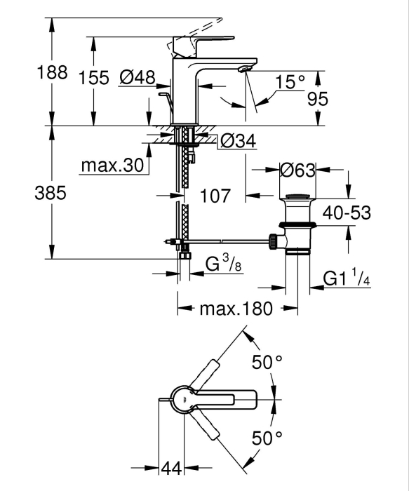Baterie lavoar Grohe 23791DL1, Lineare, S, 155 mm, ventil, mat, cupru [9]