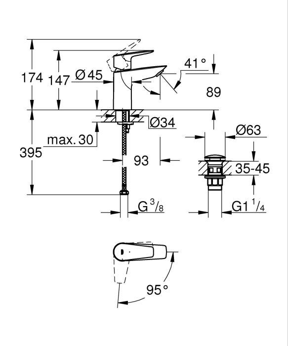 Baterie lavoar Grohe 239002431, 28 mm, 5 l/min, 0.7 bar, 34 mm, 147 mm, 93 mm, 395 mm, 1 orificii instalare, Negru [7]